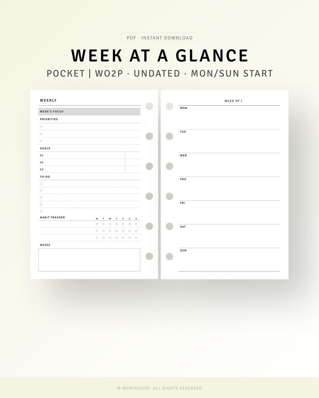 Undated Weekly Planner Printable Pocket Ring Inserts, Week on 2 Pages ...