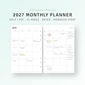 May include: A 2027 monthly planner in PDF format with 24 pages. The layout features a dated grid with Monday and Sunday start options. The pages include sections for priorities and to-do lists, with handwritten notes visible in the calendar boxes.