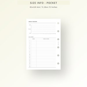 Puede incluir: Una p&aacute;gina de planificador de seguimiento del estado de &aacute;nimo imprimible para un planificador de bolsillo. La p&aacute;gina incluye un gr&aacute;fico de seguimiento del estado de &aacute;nimo con una escala del 1 al 20, un seguimiento del estado de &aacute;nimo diario y una secci&oacute;n para enumerar las cosas que hay que hacer ese d&iacute;a. La p&aacute;gina mide 81 mm por 120 mm.