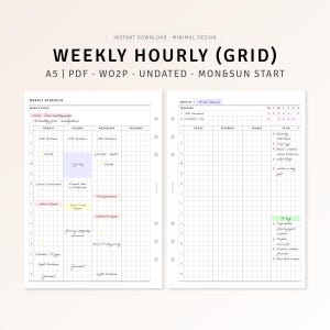 Weekly Hourly Planner Printable A5 Inserts, Week On Two Pages, Hobonichi Weekly Agenda Organizer, To do list, Undated Weekly Template Sheet
