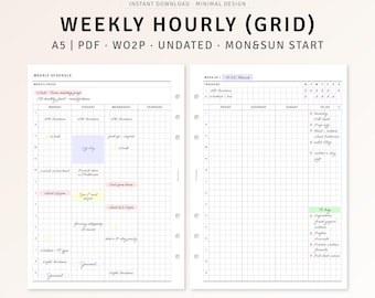 Weekly Hourly Planner Printable A5 Inserts, Week On Two Pages, Hobonichi Weekly Agenda Organizer, To do list, Undated Weekly Template Sheet