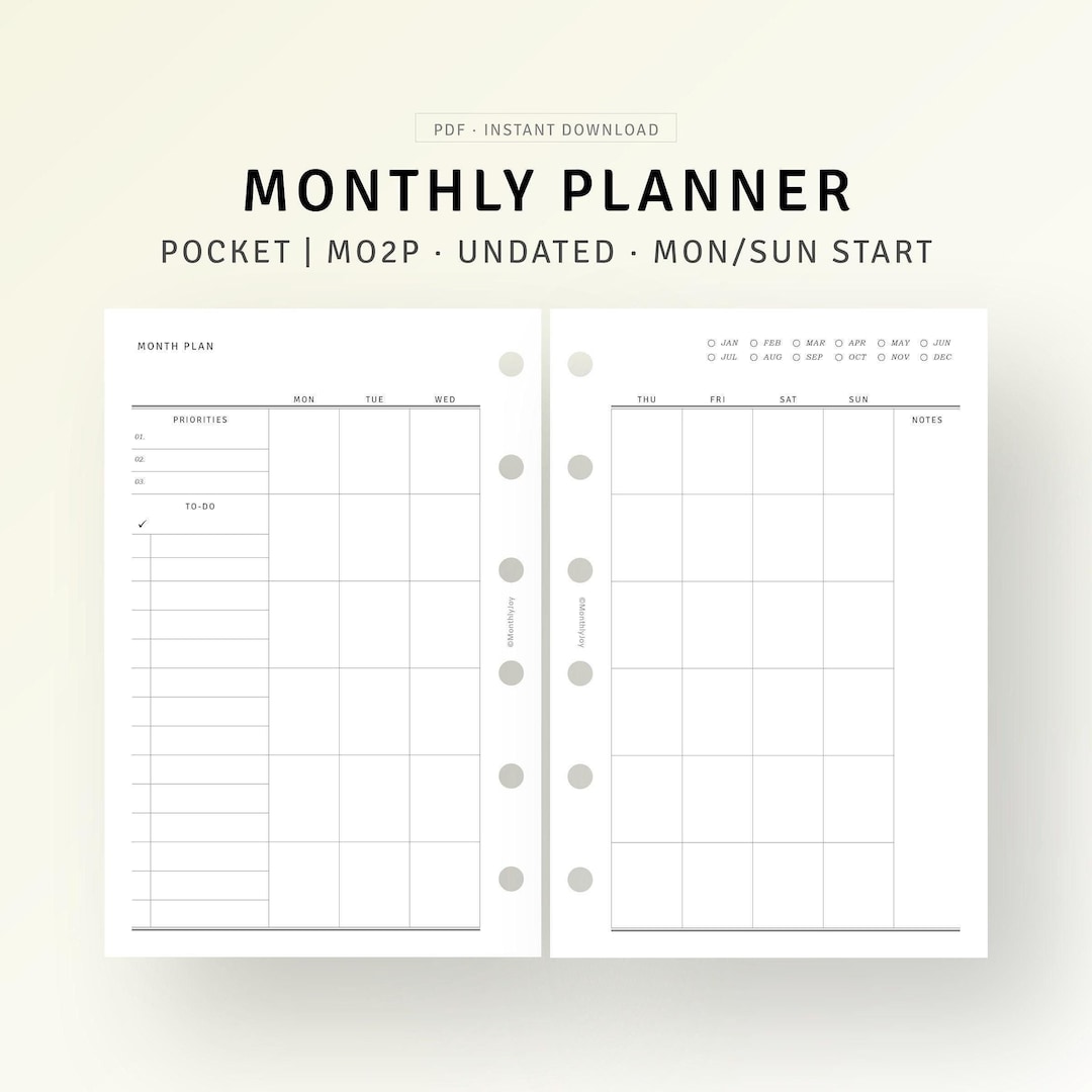 Undated Monthly Planner Printable Pocket Ring Inserts, Simple Calendar ...