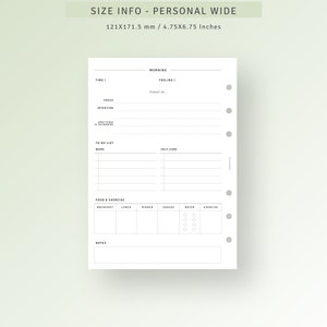 Peut inclure: Une page de planificateur imprimable en noir et blanc avec le texte "SIZE INFO - PERSONAL WIDE 121X171.5 mm / 4.75X6.75 Inches" en haut. La page est divis&eacute;e en sections pour "Time", "Morning", "Focus", "Intention", "To Do List", "Self-Care", "Food & Exercise", et "Notes".