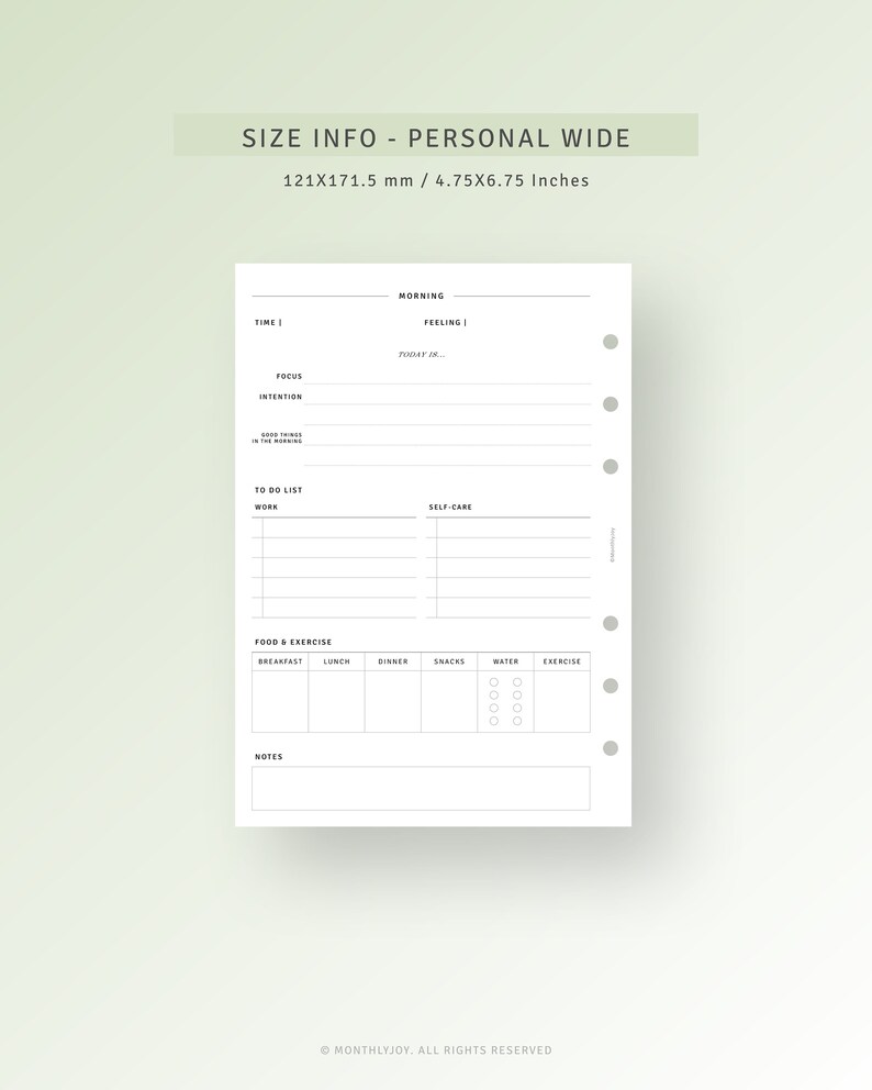 Peut inclure: Une page de planificateur imprimable en noir et blanc avec le texte "SIZE INFO - PERSONAL WIDE 121X171.5 mm / 4.75X6.75 Inches" en haut. La page est divis&eacute;e en sections pour "Time", "Morning", "Focus", "Intention", "To Do List", "Self-Care", "Food & Exercise", et "Notes".