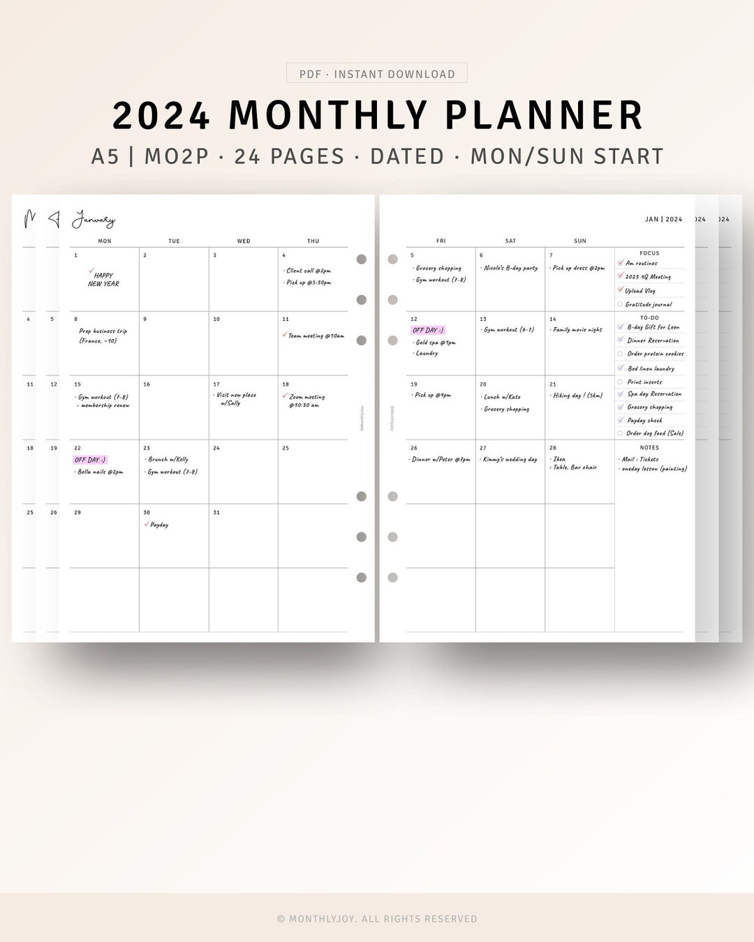 2024 Planner Monthly A5 Inserts Printable Dated 2024 Monthly Calendar ...
