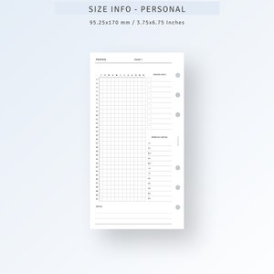 May include: A black and white printable monthly planner page with a grid for tracking daily activities. The page is designed for a personal size planner, measuring 3.75 by 6.75 inches. The page includes sections for period, year, period notes, and monthly notes.