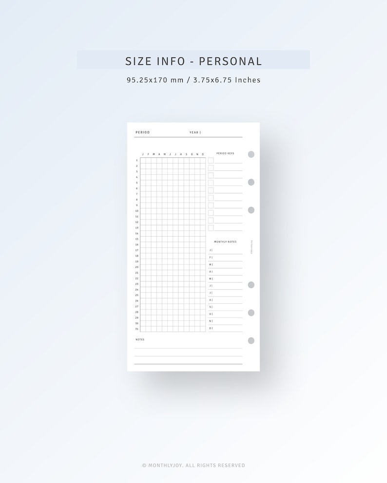 May include: A black and white printable monthly planner page with a grid for tracking daily activities. The page is designed for a personal size planner, measuring 3.75 by 6.75 inches. The page includes sections for period, year, period notes, and monthly notes.