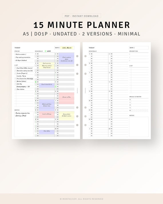 A5 Size, 15 Minute Planner Printable Daily Hourly Planner Pages, Time Blocking Template Daily Schedule Appointment Overview Digital Download