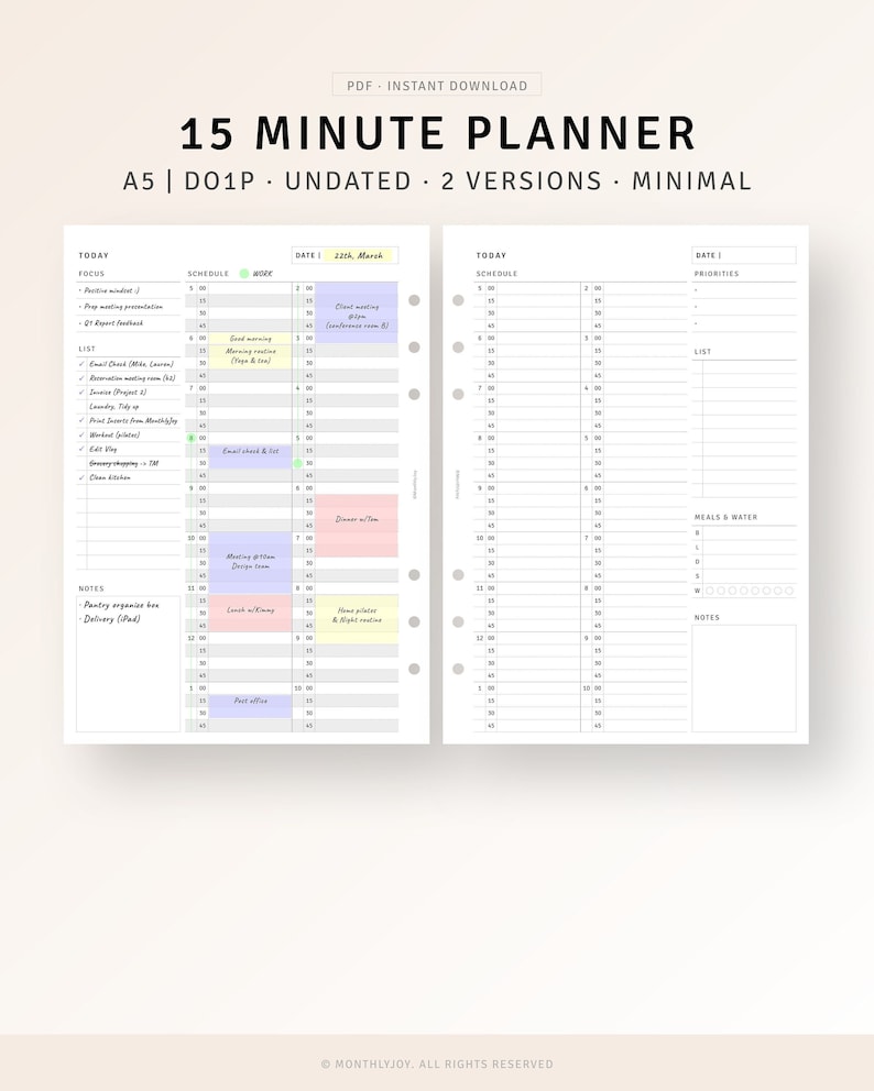 Peut inclure: Un planificateur imprimable de 15 minutes au format A5 avec un design minimaliste. Le planificateur est non dat&eacute; et comporte deux versions. La page de gauche comporte une section pour "Aujourd'hui" avec un horaire et une section pour "Travail" avec une date et un espace pour les t&acirc;ches. La page de droite comporte une section pour "Aujourd'hui" avec un horaire, une section pour "Priorit&eacute;s", une section pour "Liste", une section pour "Repas et eau", et une section pour "Notes".