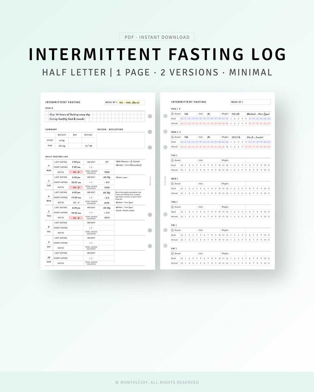 Intermittent Fasting Tracker Printable Half Letter Inserts, Keto