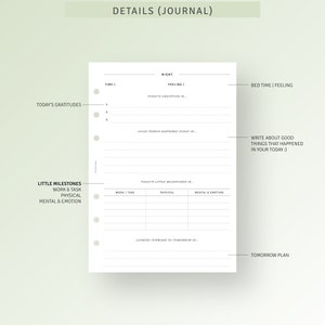 Peut inclure: Une page de journal imprimable avec un fond blanc et du texte noir. La page est divis&eacute;e en sections pour suivre les reconnaissances quotidiennes, les petites &eacute;tapes et les plans de demain. Le texte "DETAILS (JOURNAL)" est en haut de la page.