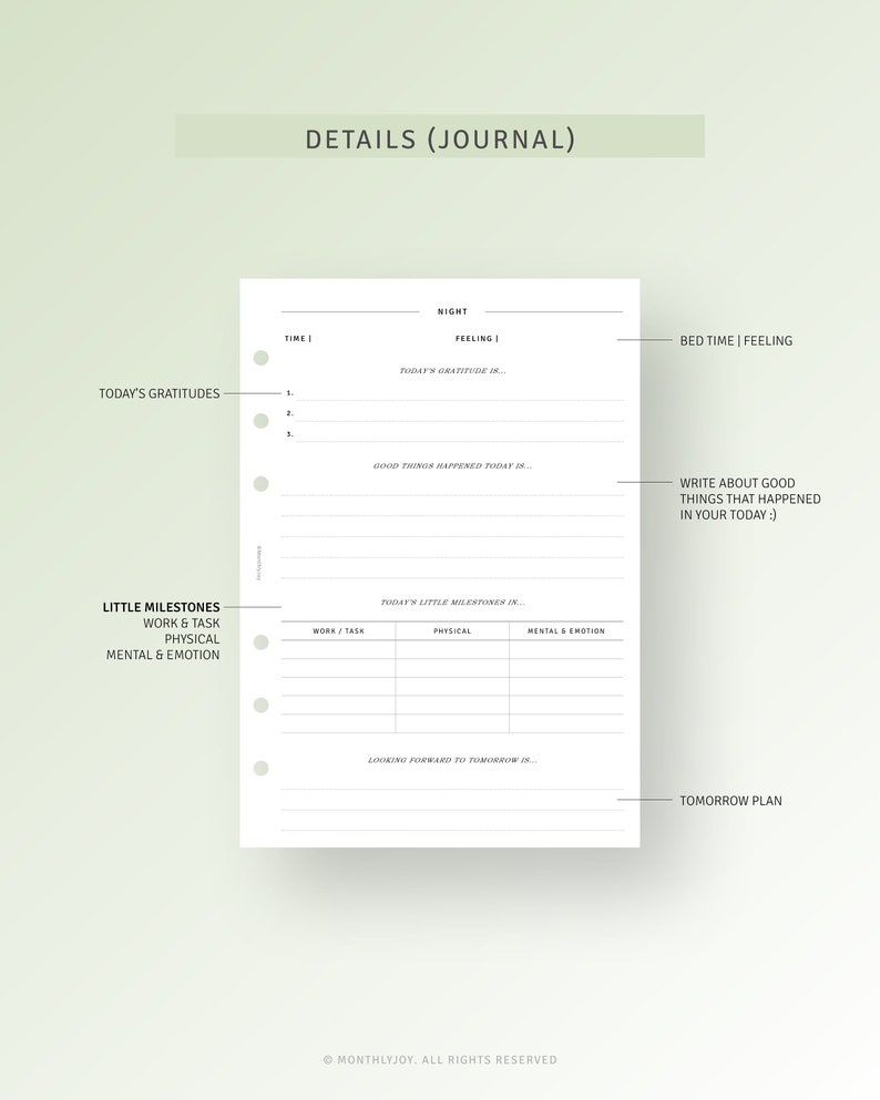 Peut inclure: Une page de journal imprimable avec un fond blanc et du texte noir. La page est divis&eacute;e en sections pour suivre les reconnaissances quotidiennes, les petites &eacute;tapes et les plans de demain. Le texte "DETAILS (JOURNAL)" est en haut de la page.