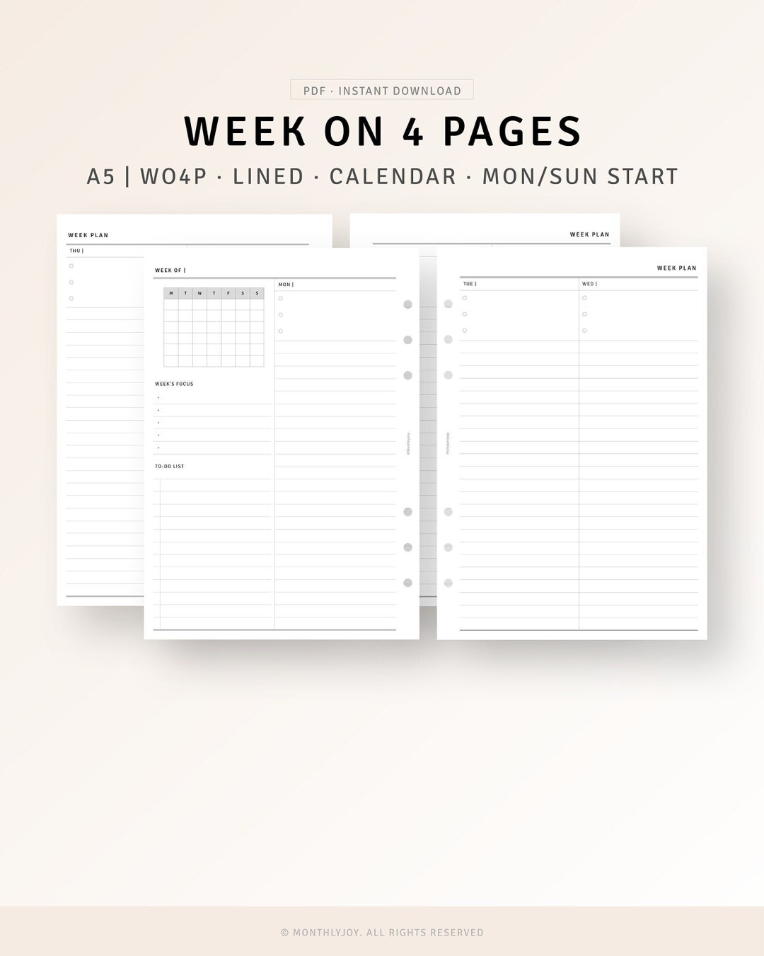 Week on 4 Pages A5 Inserts Printable Weekly Planner PDF, Undated Weekly ...