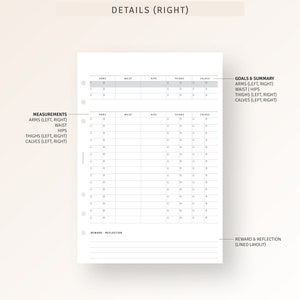 May include: A printable fitness tracker page with a table for recording measurements for arms, waist, hips, thighs, and calves. The page also includes sections for goals, summary, reward, and reflection.