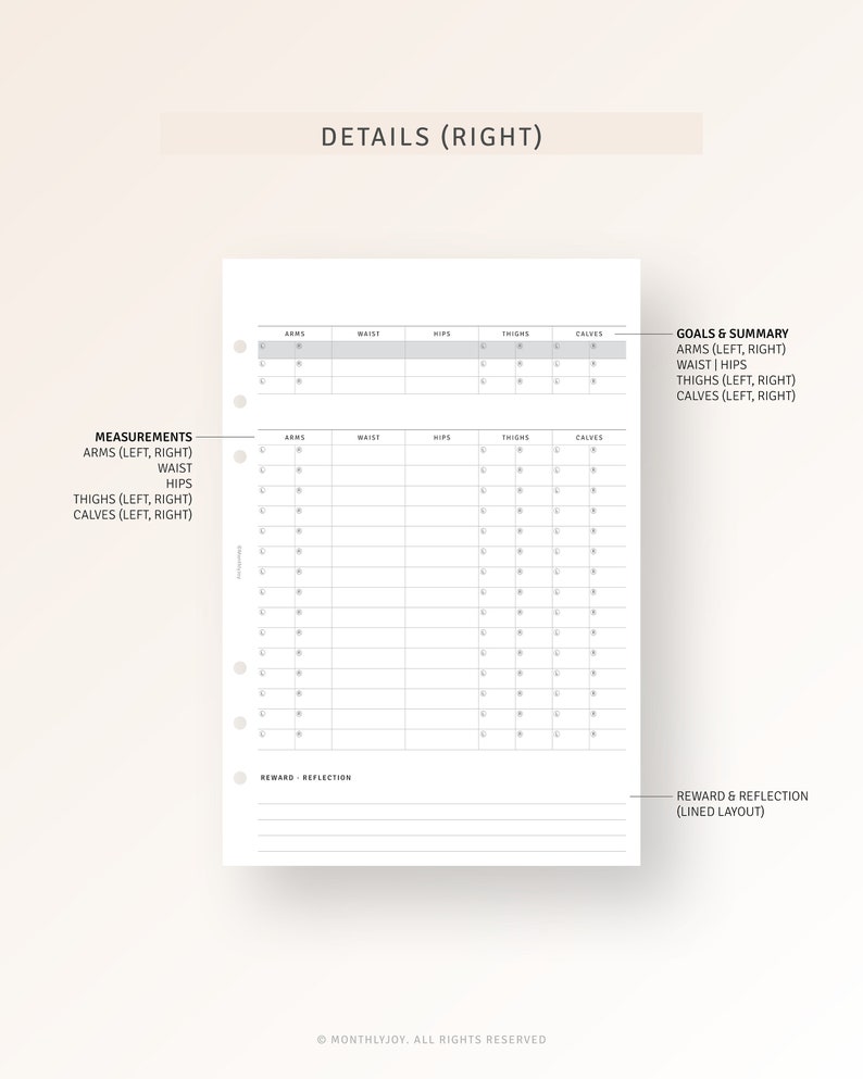 May include: A printable fitness tracker page with a table for recording measurements for arms, waist, hips, thighs, and calves. The page also includes sections for goals, summary, reward, and reflection.