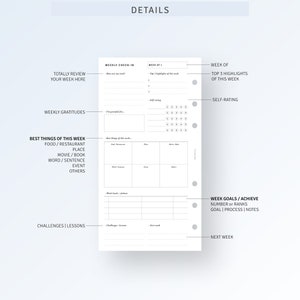 May include: A black and white printable planner page with sections for weekly check-in, weekly gratitudes, best things of the week, challenges and lessons, week goals, and next week. The page also includes a self-rating section with a grid of circles.