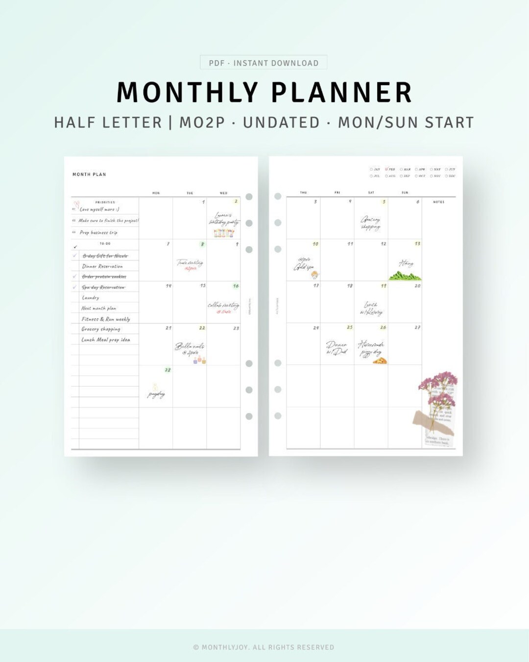 Undated Monthly Planner Half Letter Inserts Printable, Month on Two ...