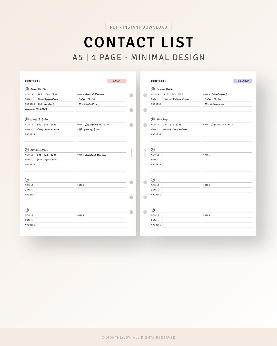A5 Inserts | Contact List Printable Address Book Small Business Contact ...
