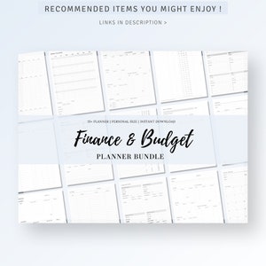May include: A digital printable planner bundle for personal finance and budgeting. The bundle includes 15+ planners in a personal size. The text "Finance & Budget Planner Bundle" is displayed in black on a white background.
