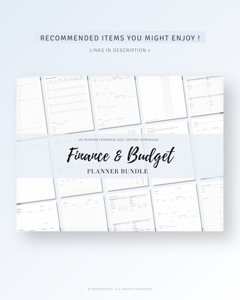 May include: A digital printable planner bundle for personal finance and budgeting. The bundle includes 15+ planners in a personal size. The text "Finance & Budget Planner Bundle" is displayed in black on a white background.