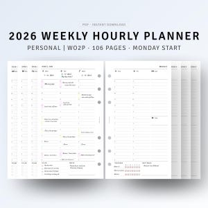 Könnte beinhalten: Ein 2026 Wochen-Stundenplaner mit minimalistischem Design. Der Planer enthält Abschnitte für die tägliche Planung, Notizen und Tracker. Das Cover zeigt den Text "2026 WEEKLY HOURLY PLANNER" und "PDF - INSTANT DOWNLOAD".
