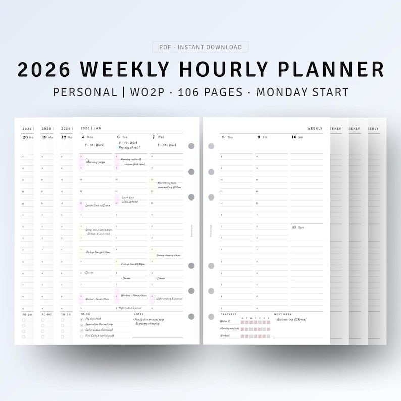 2026 Weekly Hourly Planner Personal Size, WO2P Inserts Dated Printable ...