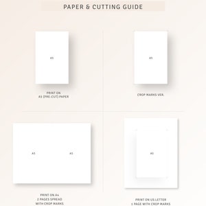 Pu&ograve; includere: Una guida per la stampa e il taglio della carta per un planner stampabile. La guida mostra come stampare su carta A5, carta A4 e carta lettera americana. La guida mostra anche come ritagliare le pagine per un aspetto pulito.