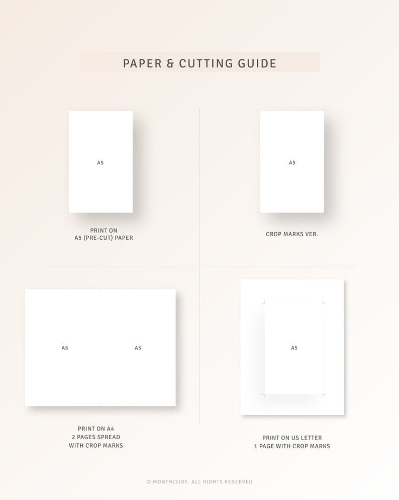 Pu&ograve; includere: Una guida per la stampa e il taglio della carta per un planner stampabile. La guida mostra come stampare su carta A5, carta A4 e carta lettera americana. La guida mostra anche come ritagliare le pagine per un aspetto pulito.