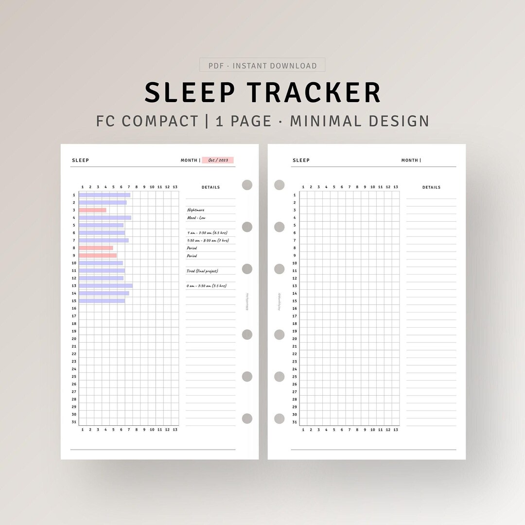 Monthly Sleep Tracker FC Compact Inserts Printable Sleeping Log, Health ...