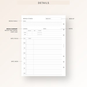 May include: A printable planner page with a weekly fitness tracker, weekly goals, and a weekly summary section. The page includes sections for weight, BMI, rating, start, end, date, focus, and notes.