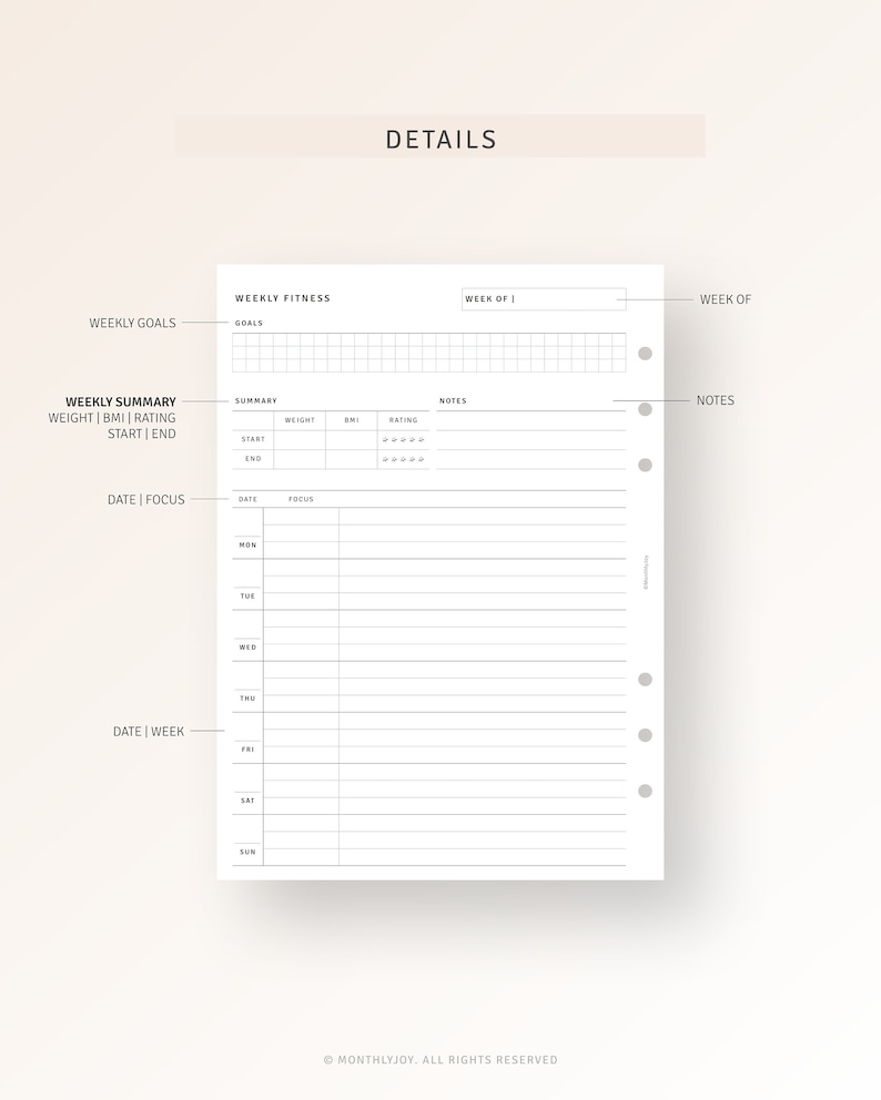 May include: A printable planner page with a weekly fitness tracker, weekly goals, and a weekly summary section. The page includes sections for weight, BMI, rating, start, end, date, focus, and notes.