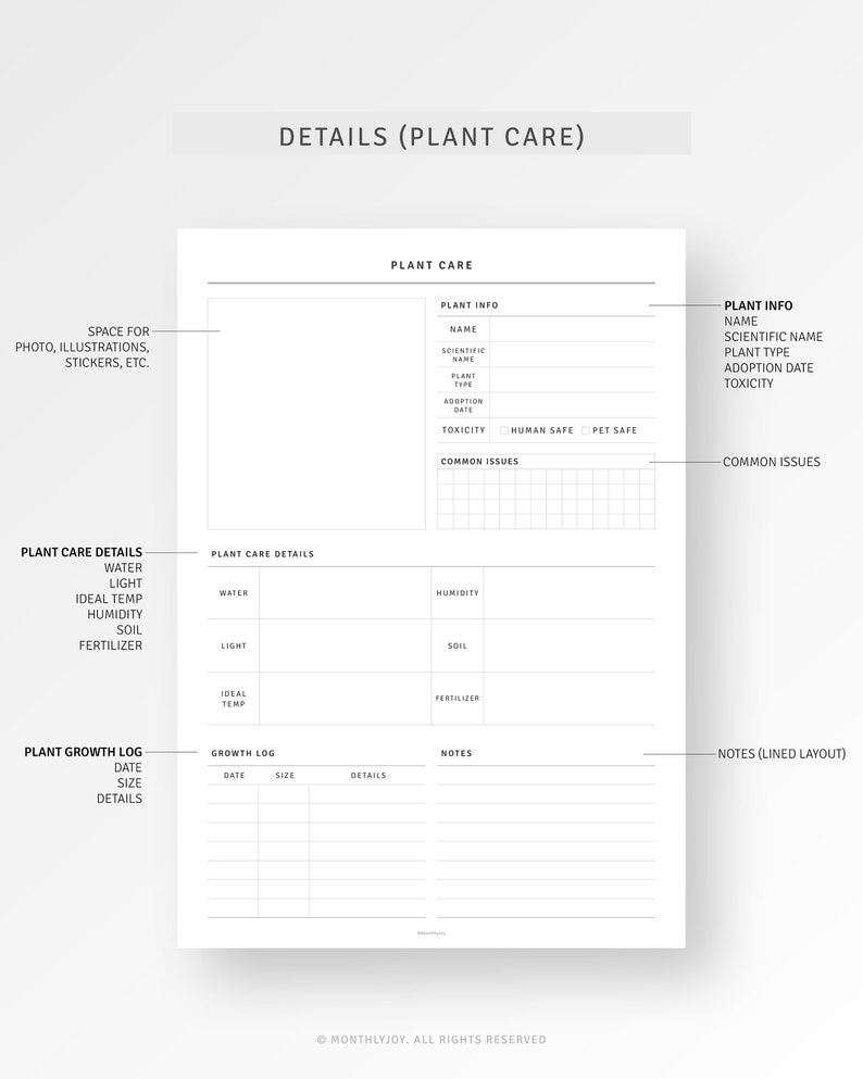 May include: A printable plant care log with sections for plant information, care details, growth log, and notes. The log is designed to help you track the care of your plants.