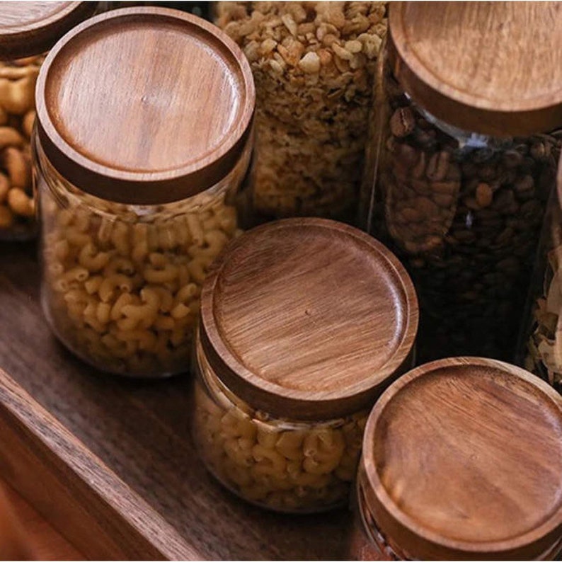 Acacia Wooden Lid Glass Storage Jars No Label Kitchen Storage Etsy UK