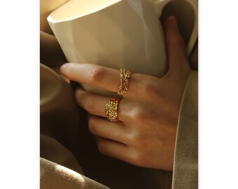 Artisan Gift for Her Edna Surrealist Gemstone Molten Gold Ring 18K Gold Filled Colorful Gemstone Chunky Gold Band