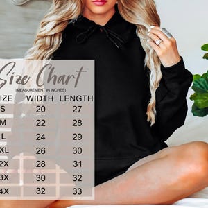 May include: Size chart for a hoodie, showing measurements in inches for width and length. Sizes range from S to 4X.