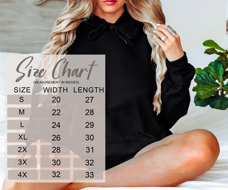 May include: Size chart for a hoodie, showing measurements in inches for width and length. Sizes range from S to 4X.