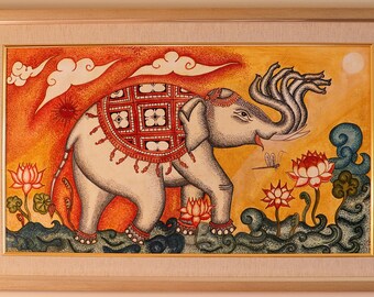 Canvas Painting Authentic Indian painting-AIRAVAT-Elephant of the Clouds- FRAMED