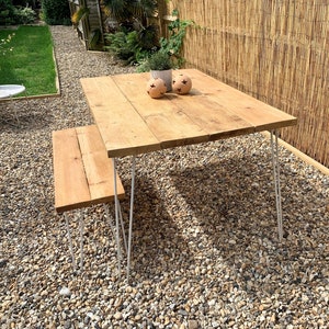 Outdoor Garden Dining Table and Bench. Hairpin legs. Garden Furniture. Rustic. Industrial Style.