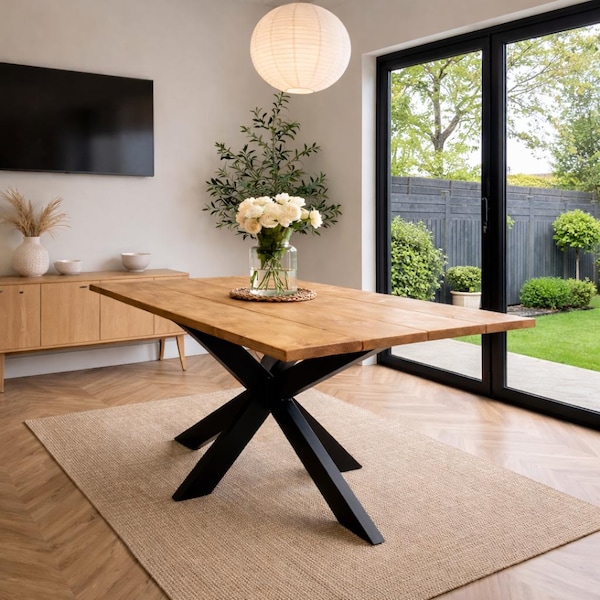 Reclaimed wood dining table with steel Spider legs