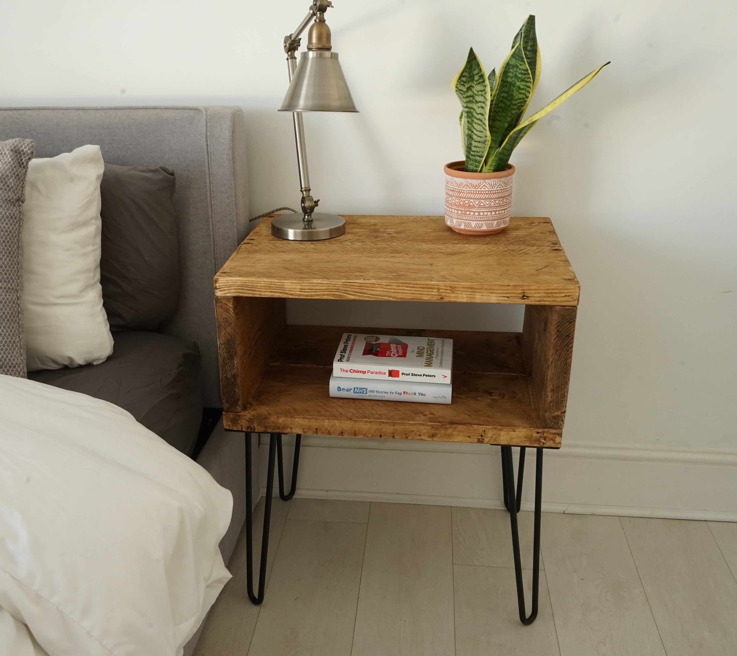 Rustic hand made bed side table. Industrial Hairpin legs. Etsy