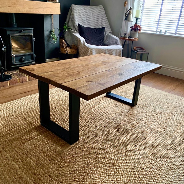 Farm house Rustic Coffee Table. Hand Made. Industrial square legs. Size selection available