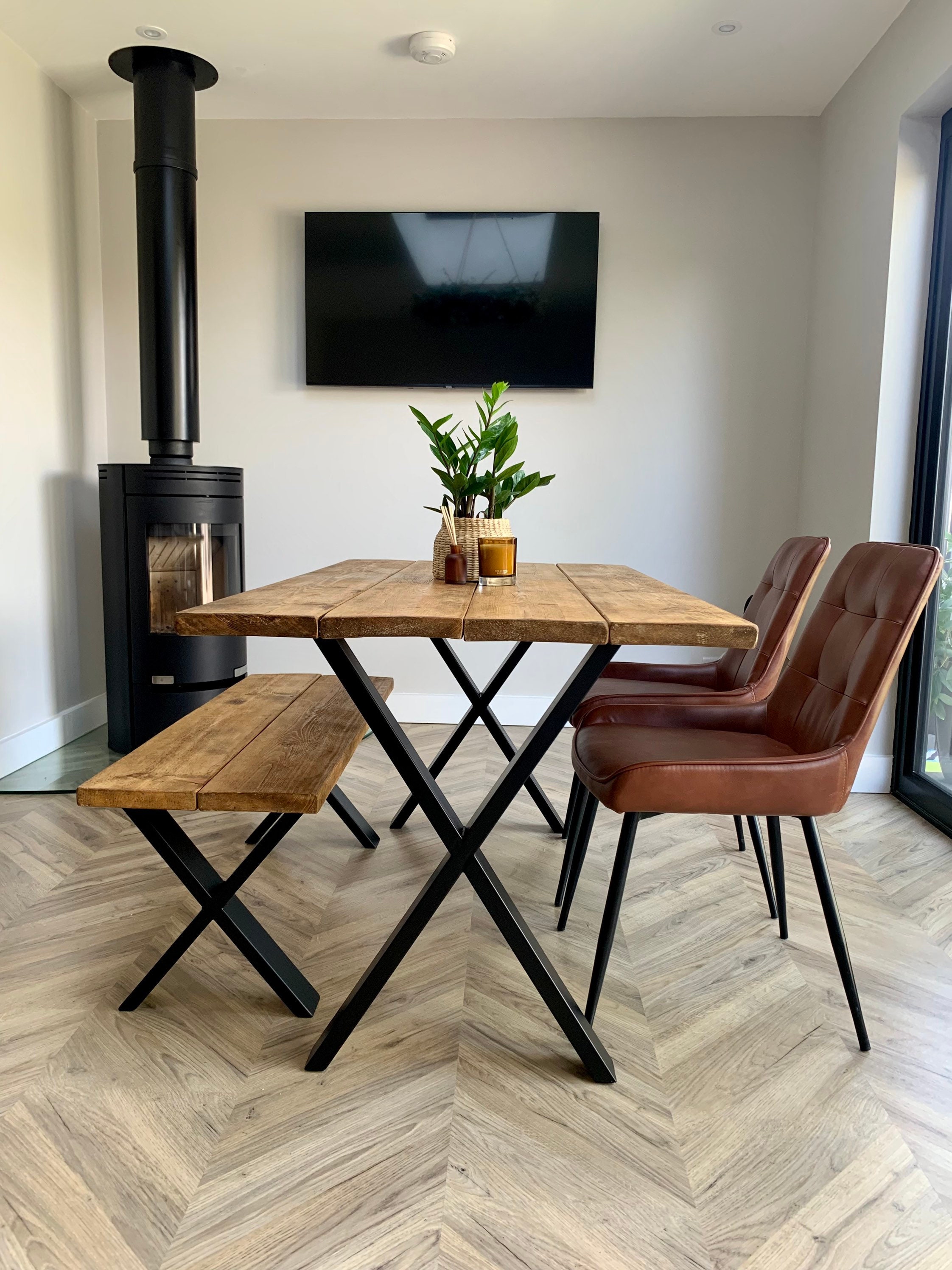 Dining Table. X frame Steel Legs . Industrial Style. Rustic