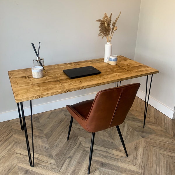 Rustic computer/home office desk. Wood table. Industrial hairpin legs. Home Office - Steel Legs - Office Desk - WFH. Scandinavian.