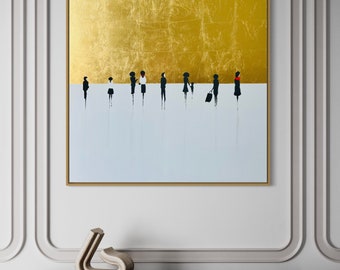PERFECT STRANGERS, People Silhouettes on Gold and White Canvas, Abstract Acrylic Painting Wall Art, Modern Art, Large Gold Leaf Painting