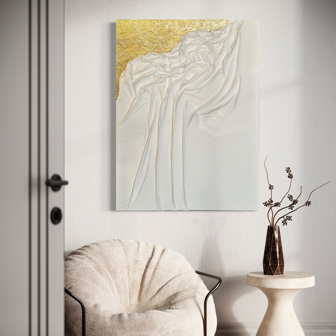 Large Fabric Textured Art on Canvas, White and Gold Textured Painting