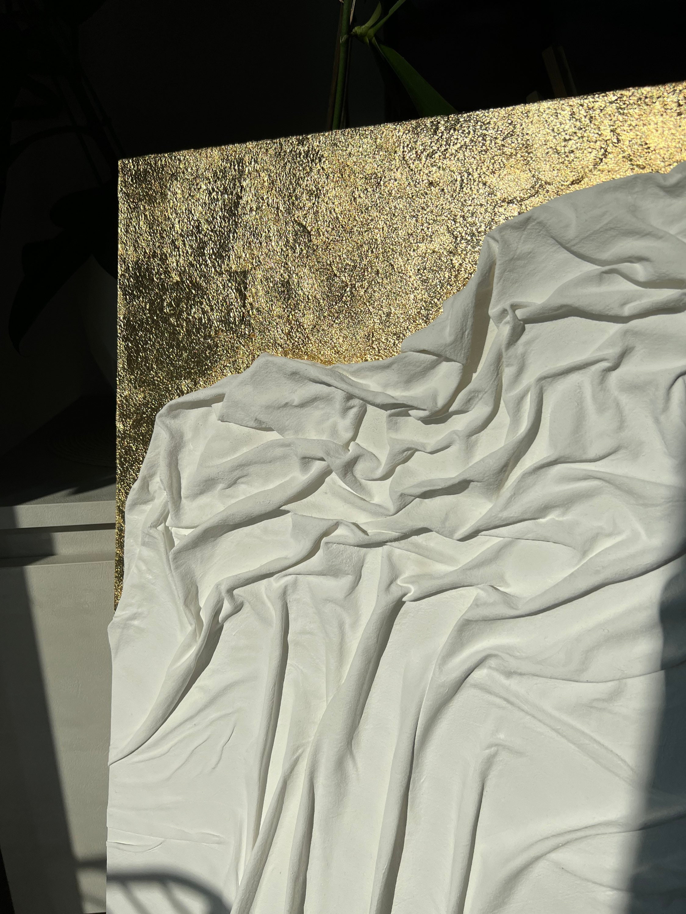 Large Fabric Textured Art on Canvas, White and Gold Textured Painting