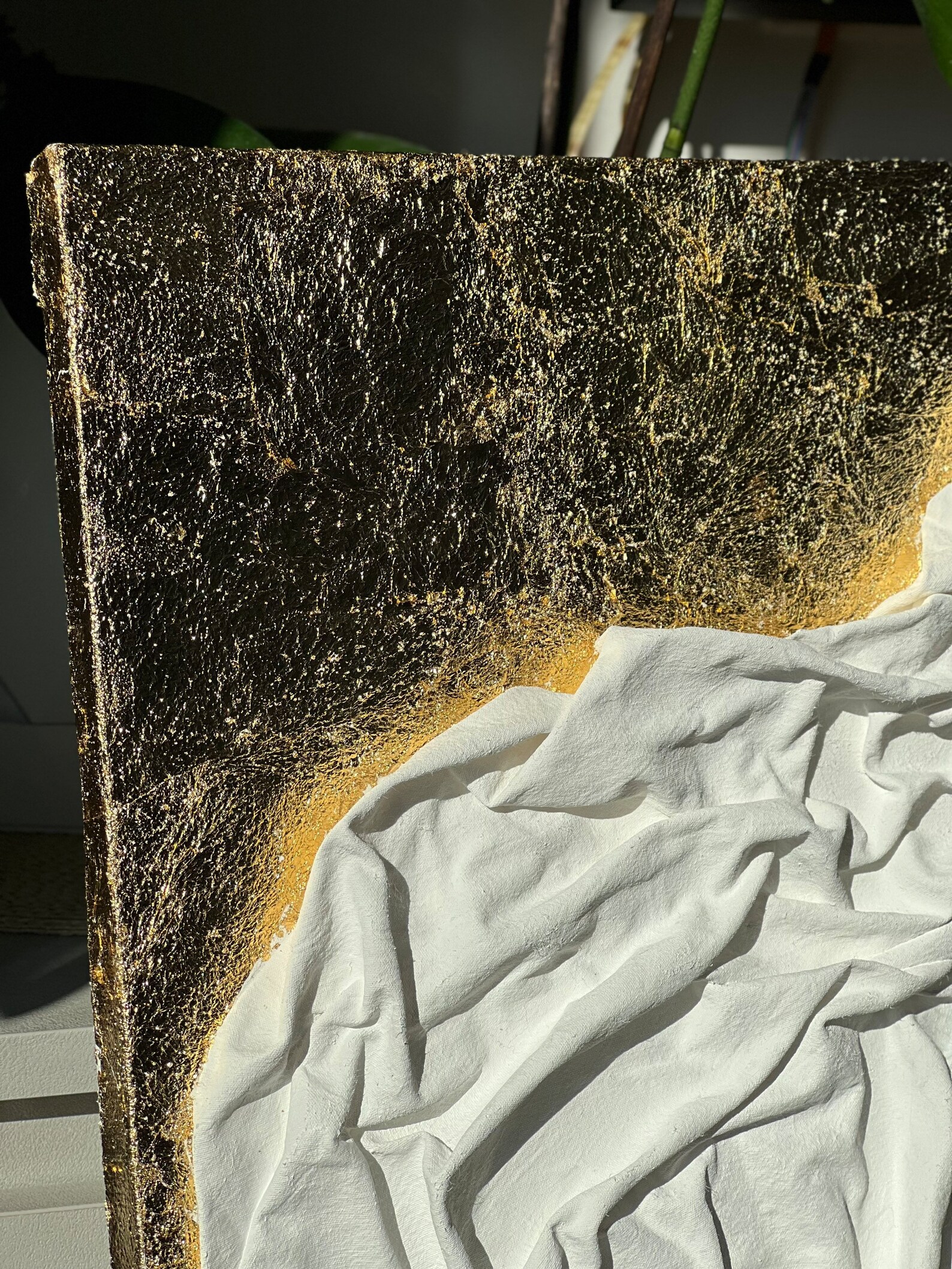 Large Fabric Textured Art on Canvas, White and Gold Textured Painting