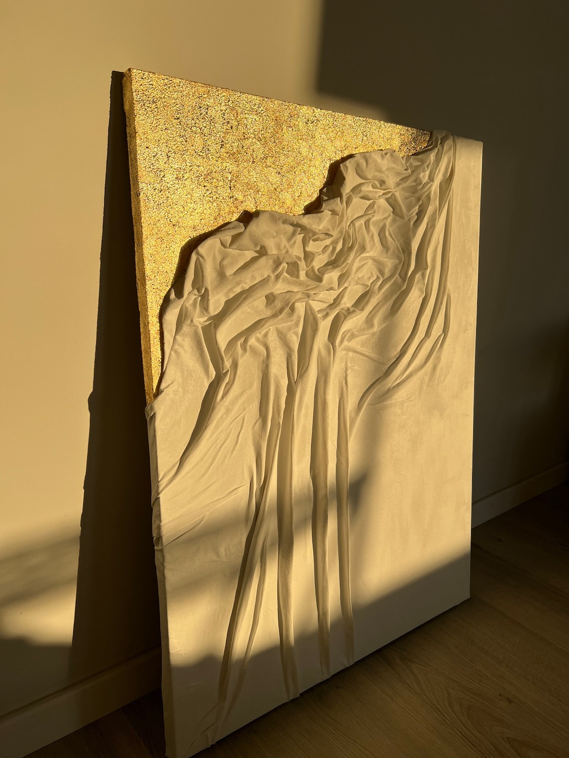 Large Fabric Textured Art on Canvas, White and Gold Textured Painting