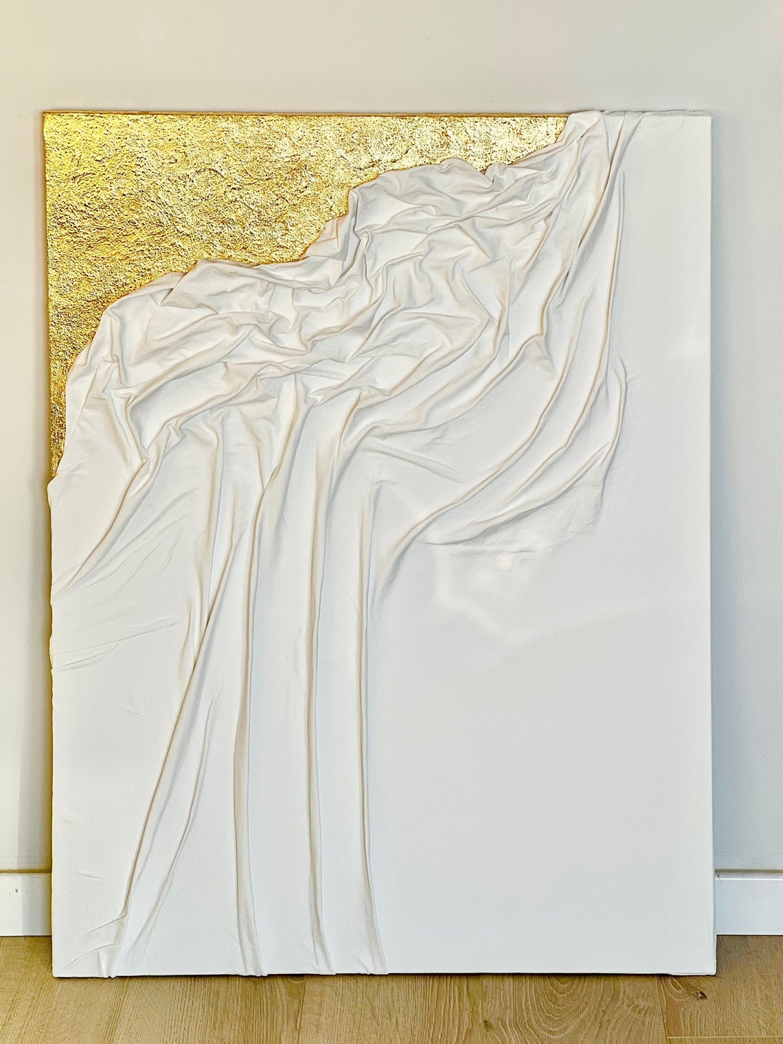 Large Fabric Textured Art on Canvas, White and Gold Textured Painting