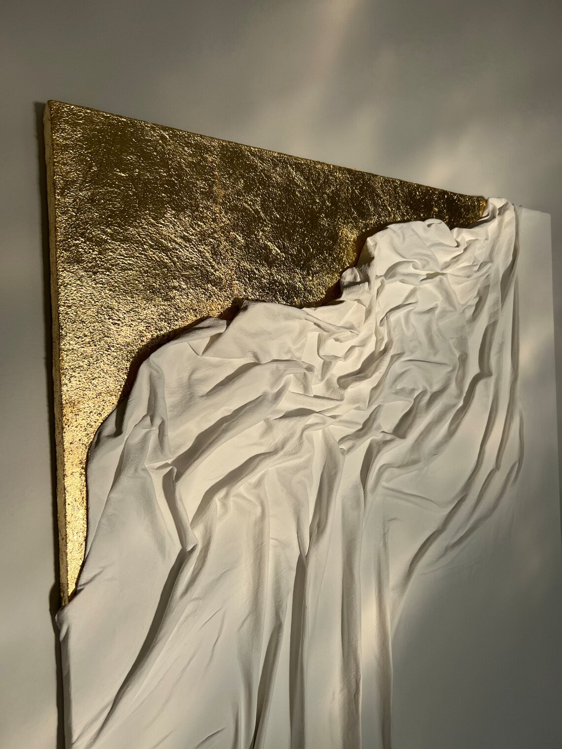 Large Fabric Textured Art on Canvas, White and Gold Textured Painting